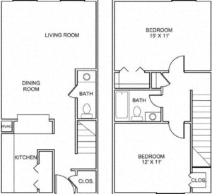 Floor plan for 2 beds, 1.5 baths, 1025 sqft